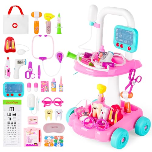 deAO Medizinisches Spielzeug, 26 Stück Arztspielzeug mit Handwagen, Stethoskop, Fieberthermometer, Spritze, Pflaster, Augenspiegel, Doktorspiel Spielzeug für Kinder im Alter von 3 bis 6 Jahren deAO Medizinisches Spielzeug, 26 Stück Arztspielzeug mit Handwagen, Stethoskop, Fieberthermometer, Spritze, Pflaster, Augenspiegel, Doktorspiel Spielzeug für Kinder im Alter von 3 bis 6 Jahren von deAO