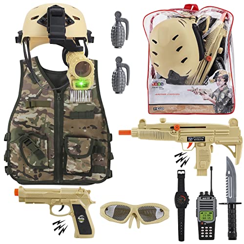 deAO Militärsoldat Tarnung Kostüm Set mit Helm, Spielzeug-Schrotflinte, Spielzeuggranaten, Zubehör für Militärsoldaten und Aufbewahrungsrucksack - ideal für Kinder von deAO