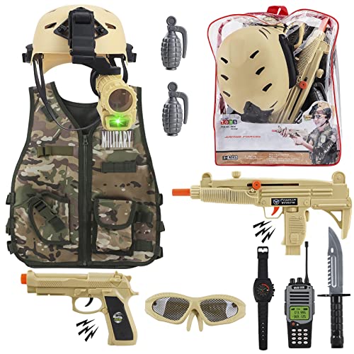 deAO Militärsoldat Tarnung Kostüm Set mit Helm, Spielzeug-Schrotflinte, Spielzeuggranaten, Zubehör für Militärsoldaten und Aufbewahrungsrucksack - ideal für Kinder deAO Militärsoldat Tarnung Kostüm Set mit Helm, Spielzeug-Schrotflinte, Spielzeuggranaten, Zubehör für Militärsoldaten und Aufbewahrungsrucksack - ideal für Kinder von deAO