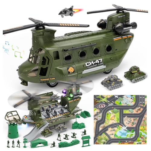 deAO Military Helikopter Spielzeugset, Transport Hubschrauber mit Licht und Ton, Soldat Armee Action-Figuren, Armee Spielzeug Militär Spielzeug Weihnachten Geburtstag Party Geschenke für Kinder von deAO