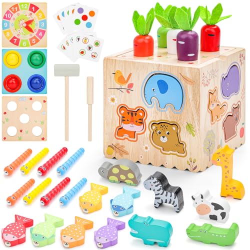 deAO Multifunktionales Montessori Spielzeug, 8-in-1 Motorikwürfel Holzspielzeug mit Karotten, Tieren, Angeln und Formen für kognitive und motorische Entwicklung für Kinder ab 3 Jahr von deAO