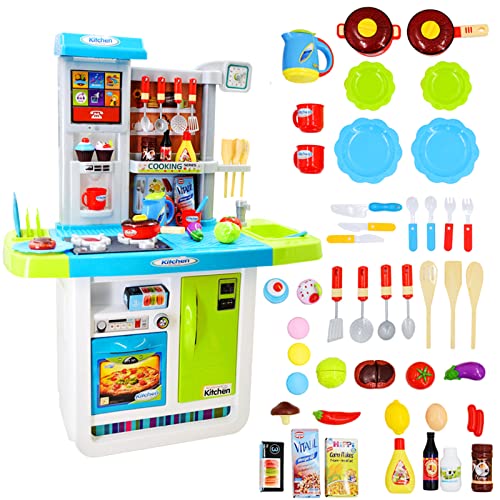 deAO "My Little Chef" Küchen Spielset mit Klängen, Touchscreen-Panel und Wasserspiele - Mehr als 40 Zubehör Enthalten (Blau) von deAO