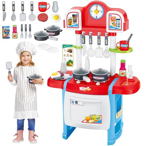 deAO My Little Chef Miniatur-Rollenspiel mit Licht und Ton, Kinderküche, 18 Zubehörteile, Herd, Spüle, Kühlschrank, Küche, Spielzeug, Geschenke für Jungen und Mädchen, Küchenutensilien Kinder von deAO