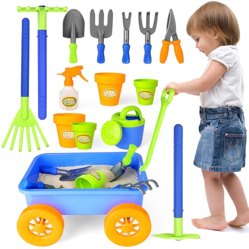 deAO Gartenset mit Schubkarre Kinder, Schaufel, Rechen, Blumentöpfe, Gießkanne Usw, 14Pcs Kinder Gartengeräte Spielset, Gartenwerkzeug & Sandspielzeug ab 3 4 5 von deAO