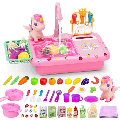 deAO Play Sink Waschbecken Küchenspielzeugset - Spielspüle Spielzeug mit elektrischen Wasserhahn mit Angelspielzeug Wasserkreislauf wasserdichte, Kinder Küchenspüle-Spielset | Pink von deAO