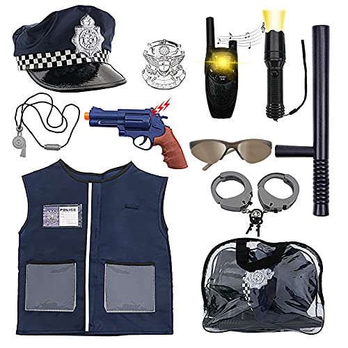 deAO Polizei Kostüm Set mit Hut, Spielzeug-Schrotflinte, Spielzeug-Granate, Polizei-Zubehör – ideal für Kinder von deAO