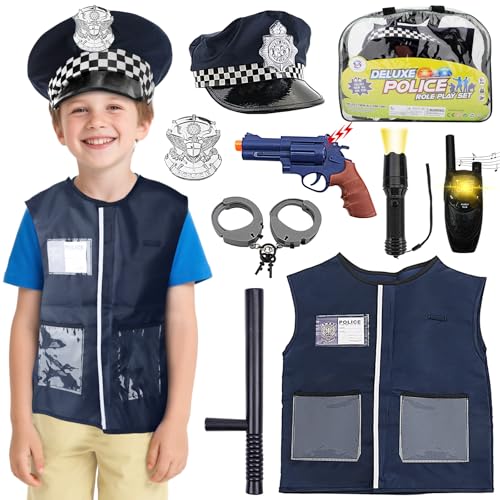 deAO Polizei Kostüm für Kinder, Polizeikostüm Set Uniform Mütze mit Mütze Ausrüstung, Polizei Spielzeug für Kinder Halloween Karneval von deAO
