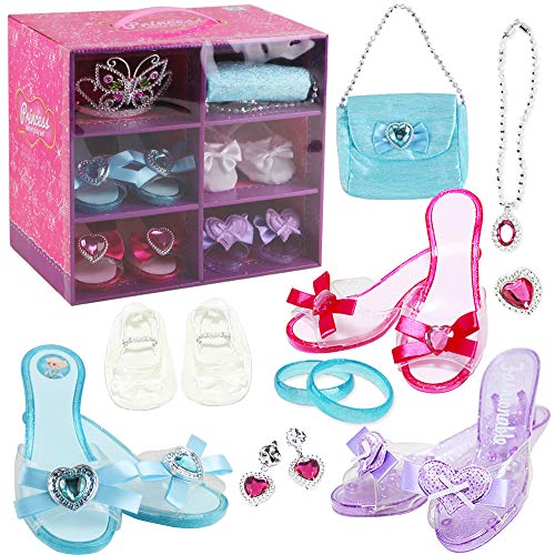 deAO Role Play Games Princess Shoe and Jewellery Boutique mit 4 Paar Schuhen, Armbändern, Halskette, Tasche, Ohrringen und Schmetterlingsform Krone Tiara inklusive, Mehrfarbig, S von deAO