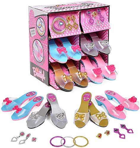 deAO Prinzessin Schuh und Schmuck Boutique mit 4 Paar Schuhe, Ringe, Armbänder und Ohrringe inklusive Kinder Schminkset Prinzessin Schuhe Mädchen von deAO