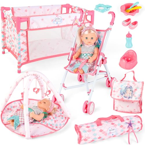 deAO Puppen Set, Baby Puppe Zubehör Set Babypuppe Rollenspielset mit 12” Puppe, Puppenkleidung, Reisebett, Puppen Wickeltasche, Puppenwagen, Spielbogen, Reisetasche, Babypuppe Fütterungsspielzeug Set von deAO