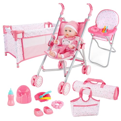 deAO Puppen Set, Babypuppe Rollenspielset Baby Puppe Zubehör Set mit 12” Puppe, Puppenkleidung, Reisebett, Puppen Wickeltasche, Puppenwagen, Hochstuhl, Reisetasche, Babypuppe Fütterungsspielzeug Set deAO Puppen Set, Babypuppe Rollenspielset Baby Puppe Zubehör Set mit 12” Puppe, Puppenkleidung, Reisebett, Puppen Wickeltasche, Puppenwagen, Hochstuhl, Reisetasche, Babypuppe Fütterungsspielzeug Set von deAO