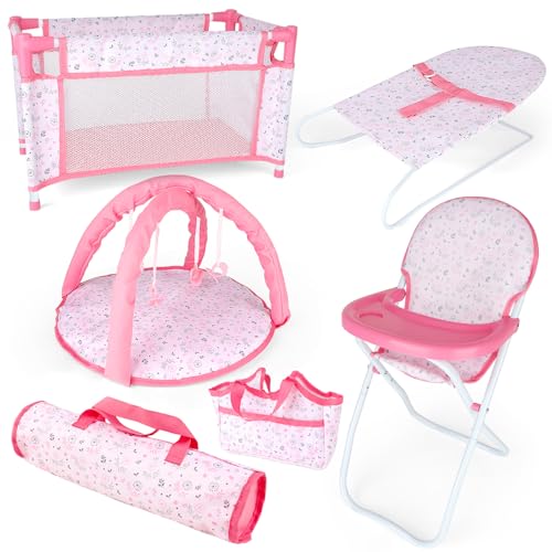 deAO Puppen Set 6 in 1, Babypuppe Rollenspielset Baby Puppe Zubehör Set mit Reisebett, Puppen Wickeltasche, Spielbogen, Hochstuhl, Türsteher, Reisetasche (Puppe Nicht enthalten) von deAO