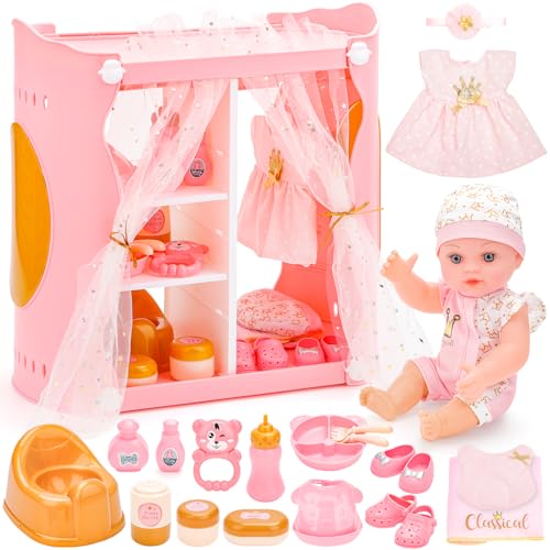 deAO Puppen Spielset mit Kleiderschrank, 30cm Babypuppe mit Kleidung Puppenschrank Schrank & 15 Zubehörteilen Puppenzubehör für Rollenspiel & Geschenk für Mädchen deAO Puppen Spielset mit Kleiderschrank, 30cm Babypuppe mit Kleidung Puppenschrank Schrank & 15 Zubehörteilen Puppenzubehör für Rollenspiel & Geschenk für Mädchen von deAO