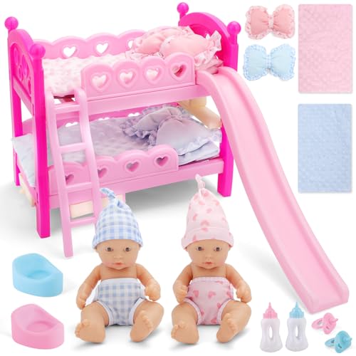deAO Puppenbett mit Baby Puppen Zubehör, Inklusive Puppen Doppel-Hochbett, 2* Baby Puppen, Stehleiter, Decke und Kissen, Puppenflasche, Baby Puppen Spielset mit Zubehör, Babypuppe Rollenspielse deAO Puppenbett mit Baby Puppen Zubehör, Inklusive Puppen Doppel-Hochbett, 2* Baby Puppen, Stehleiter, Decke und Kissen, Puppenflasche, Baby Puppen Spielset mit Zubehör, Babypuppe Rollenspielse von deAO