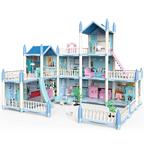 deAO Puppenhaus– 3-stöckiges DIY Rollenspiel-Spielset, Puppenhaus-Zubehör und Möbel, Geschenk für 6 7 8 9 Mädchen Kleinkinder (BLAU) von deAO