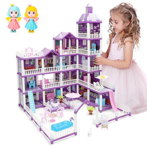 deAO Puppenhaus– 5-stöckiges DIY Riesiges Puppenhaus mit 2 Puppen Figure, Prinzessin Traumhaus, Rollenspiel-Spielset, Puppenhaus-Zubehör und Möbel, Geschenk für 6 7 8 9 Mädchen Kleinkinder (Violett) deAO Puppenhaus– 5-stöckiges DIY Riesiges Puppenhaus mit 2 Puppen Figure, Prinzessin Traumhaus, Rollenspiel-Spielset, Puppenhaus-Zubehör und Möbel, Geschenk für 6 7 8 9 Mädchen Kleinkinder (Violett) von deAO