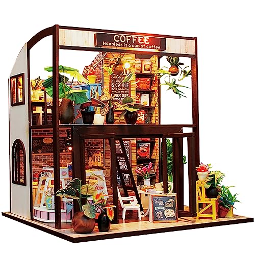 deAO Puppenhaus Miniatur mit Möbeln, Miniatur Haus Selber Bauen Holz, Bastelset Miniatur Zimmer, DIY Miniature House Kit, Maßstab 1:24 (Coffee House mit Staubdichte Abdeckung) von deAO