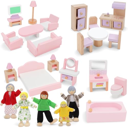deAO Puppenhaus Möbel Set aus Holz, 27 Teilig Spielmöbel Puppenhaus Zubehör mit 5 Familienpuppen, Schlafzimmer, Wohnzimmer, Badezimmer, Küche, Pretend Play Möbel Spielzeug für Jungen Mädchen von deAO