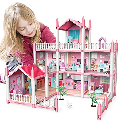 deAO Puppenhaus– 3-stöckiges DIY Rollenspiel-Spielset, Puppenhaus-Zubehör und Möbel, Geschenk für 6 7 8 9 Mädchen Kleinkinder (ROSA) von deAO