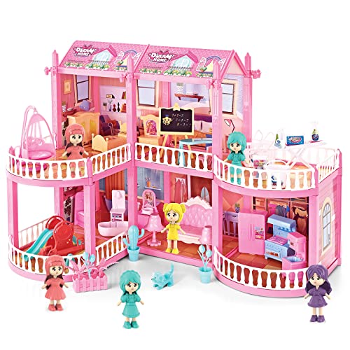 deAO Puppenhaus Traumhaus für Mädchen, 150 Stück Dollhouse Stadthaus mit 2 Etagen 6 Spielzeugfiguren und Möbelstücken Zubehör, Dreamhouse Spielhaus Spielraum Puppen Spielzeug für Kinder ab 3 Jahren von deAO