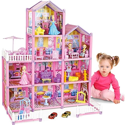 deAO Puppenhaus Traumhaus für Mädchen, Dollhouse Stadthaus mit Spielzeugfiguren und Möbelstücken Zubehör, Traumhaus Spielhaus DIY BAU Spielraum Puppen Spielzeug für Kinder ab 3 Jahren von deAO