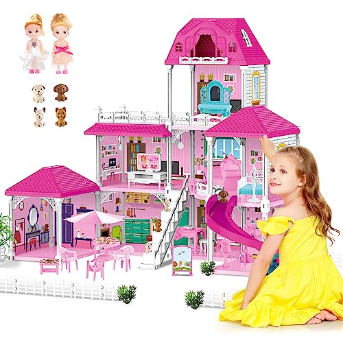 deAO Puppenhaus Traumvilla 3 Etagen Dollhouse mit Möbeln und Zubehör, Spielset mit 2 Puppen, Rutschen, Treppen, 4 Zäune Puppenhund, Puppenhaus Geschenk für 3+ Jährig(52 * 83 * 63CM) von deAO