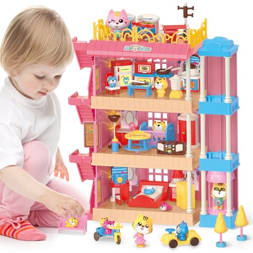 deAO Puppenhaus mit 85-teiligem Puppenhauszubehör, Traumhaus für Mädchen, Puppenhaus-Möbelsets, Prinzessinnenschloss-Spielset und Puppe für Kinder ab 3 Jahren von deAO