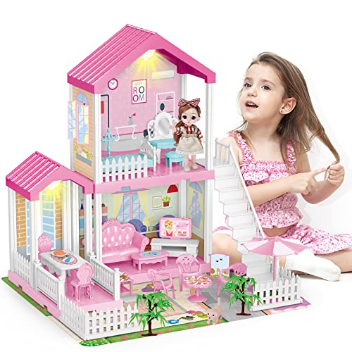 deAO Puppenhaus mit Puppe, 3 Zimmer Puppenvilla Dollhouse mit Licht Spielmatte Möbeln und Zubehör, Spielhauses Mädchen Spielset Traumhaus für Mädchen Kinder ab 3 Jahren von deAO