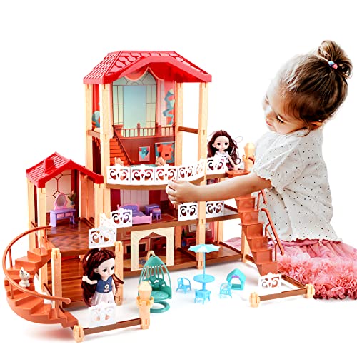 deAO Puppenhaus und Puppen für Mädchen, Dollhouse Traumhaus DIY Bau Spiel Haus mit Accessoires Möbel und Haushalt Zubehör Villa House 3 Jahre altes Geschenk von deAO