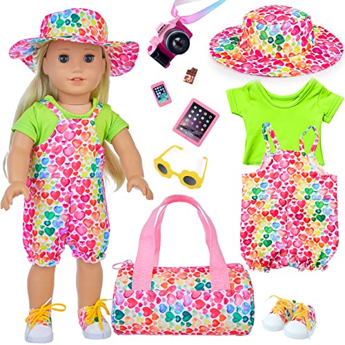 deAO Puppenkleidung Farbige Herzen Outfits für Baby Puppen 35-43 cm, 10 Stück Puppen Zubehör mit Bluse, Hosen, Hut, Schuhe, Handtasche, Tablet, Smartphone für Neugeborene Babypuppen (No Puppen) von deAO