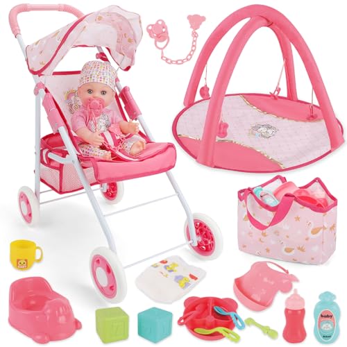 deAO Puppenwagen Set für Mädchen, Babypuppen-Set mit Puppenwagen, 30cm Babypuppe, Spielbogen, Tasche, Plastik Geschirr, Puppenzubehör für Realistisches Rollenspiel, Geschenk für Mädchen ab 3 Jahren von deAO