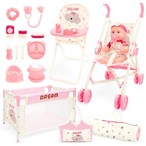 deAO Puppenwagen Set für Mädchen, Babypuppen-Set mit Puppenwagen, Bett, Hochstuhl, 30cm Puppe & Zubehör, Babypuppen-Kinderwagen-Set für Realistisches Rollenspiel, Geschenk für Mädchen ab 3 Jahren deAO Puppenwagen Set für Mädchen, Babypuppen-Set mit Puppenwagen, Bett, Hochstuhl, 30cm Puppe & Zubehör, Babypuppen-Kinderwagen-Set für Realistisches Rollenspiel, Geschenk für Mädchen ab 3 Jahren von deAO