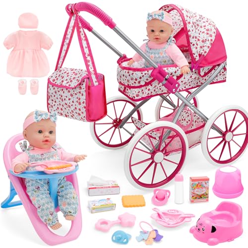 deAO Puppenwagen Set mit Babypuppe 30cm, Kinderwagen Höhe 51cm Puppen Buggy mit Hochstuhl, Tasche, Töpfchen, Spielgeschirr, Kleidung & Zubehör Rollenspiel Geschenk ab 3 Jahre für Mädchen deAO Puppenwagen Set mit Babypuppe 30cm, Kinderwagen Höhe 51cm Puppen Buggy mit Hochstuhl, Tasche, Töpfchen, Spielgeschirr, Kleidung & Zubehör Rollenspiel Geschenk ab 3 Jahre für Mädchen von deAO