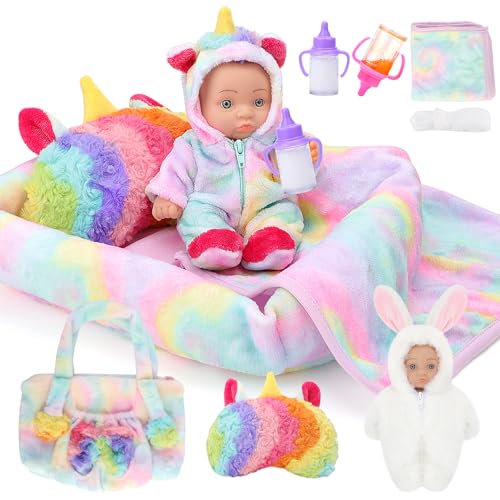 deAO Puppenzubehör für Baby Puppe, Baby Puppen Zubehörset mit 8”New Born Spielpuppe, Handtasche, 2 Overall Puppenkleidung, Stubenwagen, 2 Magische Flasche, 20cm Puppen Geschenk Mädchen 3 4 5 6 Jahre von deAO