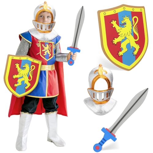 deAO Ritter Kostüm Set für Kinder, Ritterkostüm mit Ritterrüstung, Ritterhelm, Umhang, Weiches Schwert, Schild, Rollenspiel Cosplay Karnevalskostüm Geschenk für Jungen & Mädchen 3–5 Jahre von deAO