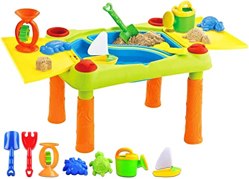 deAO Sand und Wasser Outdoor Aktivitäten Spieltisch für Kinder mit Doppelfach, Deckel und über 10 Zubehör, Mehrfarbig, 100 x 48 x 46 Centimeters von deAO