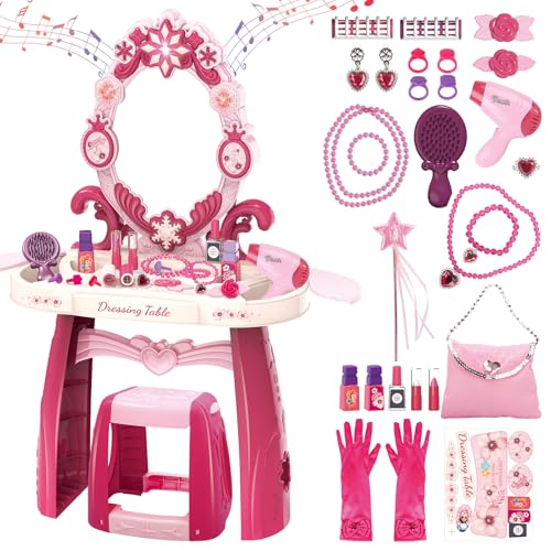 deAO Schminktisch Frisiertisch für Mädchen mit Hocker, Musik & Licht, Princess Schönheitsstudio Frisiersalon Kinderschminke Set, mit Styling-Zubehör Friseur Set für Kinder ab 3 Jahren von deAO