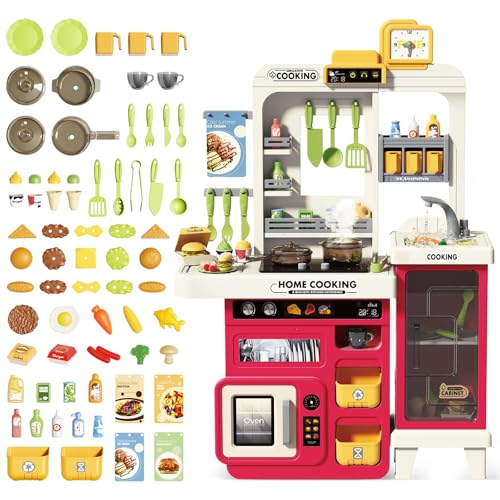 deAO Spielküche Küchenset mit Licht Ton Wasser Dampf und Küchenzubehör, 68 Stck. Kinder-Küchenspielset mit Großer Speicherschrank, Herd, Spüle, Backofen, Essen, Küche Spielzeug ab 3 Jahren (Rot) von deAO