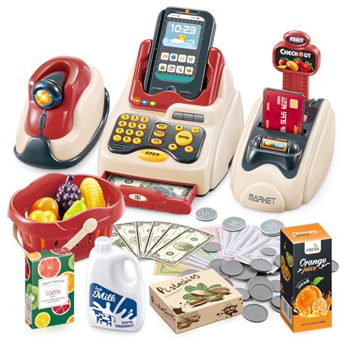 deAO Spielset- Supermarktkasse mit Scanner, Kreditkarte, Spielzeuglebensmittel, Spielgeld und Einkaufskorb von deAO