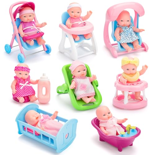 deAO Spielset mit 8 Mini Babypuppen, inklusive passendem Zubehör wie zum Beispiel, einen Spielzeug Kinderwagen, einer Badewanne und vieles mehr von deAO