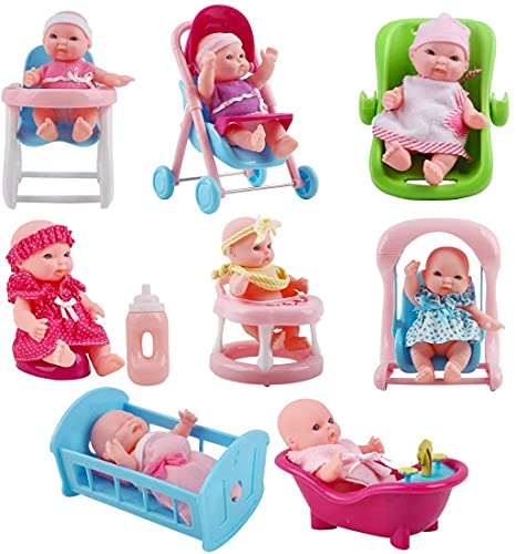 deAO Spielset mit 8 Mini Babypuppen, inklusive passendem Zubehör wie zum Beispiel, einen Spielzeug Kinderwagen, einer Badewanne und vieles mehr von deAO