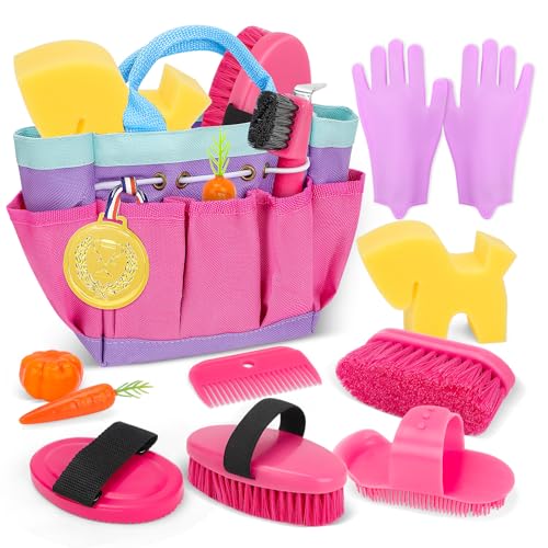 deAO Spielzeug Pferdepflege-Set mit Tasche, Putzzeug Pferde für Kinder, Zubehör für Pferde Spielzeug mit Kardätsche, Handschuhe, Massagebürste, Mähnenkamm, Hufkratzer, Pferdchenschwamm (Rosa) von deAO