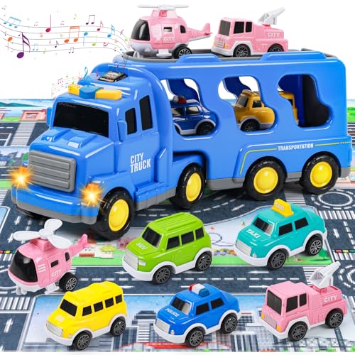 deAO Stadtfahrzeug Spielzeug für 3 4 5 6 Jahre, 7 IN1 Kind LKW Spielzeug mit 6 Mini-Autos und 1 Karte, Licht & Musik, Stadtfahrzeug Weihnachts- und Geburtstagsgeschenke von deAO