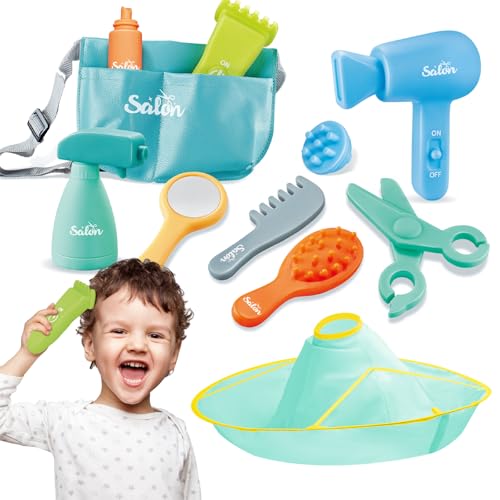 deAO Stylist Friseur Friseursalon Rollenspielset, Soft Friseurkoffer mit Tasche für Friseurwerkzeuge, Friseurumhang,Haartrockner und Haarstyling Zubehör, Kinder Rollenspiel Geschenk ab 3Jahren (Blau) von deAO