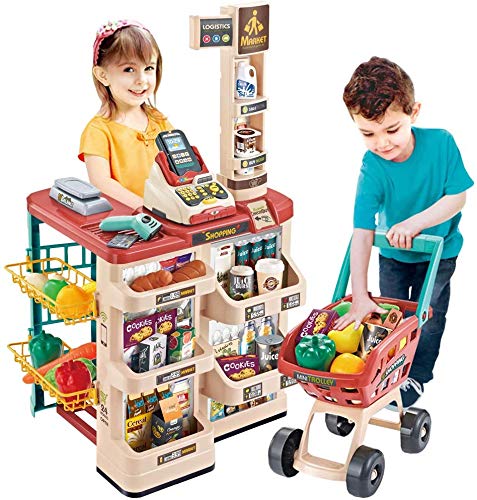 deAO Supermarkt mit Einkaufswagen, Kasse, Kaufladen Zubehör, Kaufladen Kasse mit Scanner und Sound, Kaufmannsladen Spielzeug für Kinder ab 3 Jahren, Geburtstag, Rot von deAO