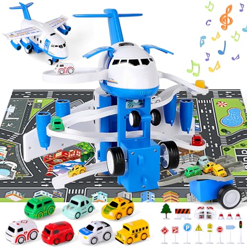 deAO Transport Cargo Flugzeug Spielzeug für 3 Jahre alt,mit Musik und Licht Spielzeug Flugzeug Auto Spielzeug Spielset (blau) von deAO