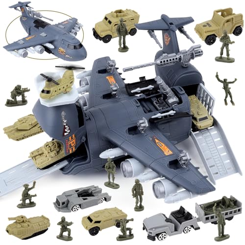 deAO Transport Flugzeug Spielzeug, 21Stck Transport Cargo Flugzeug mit Auto Spielzeug Spiel Set, Hubschrauber, Army Action Figuren, DIY Flugzeug Spielset mit Rampefür Kinder ab 3 Jahre Junge Mädchen von deAO