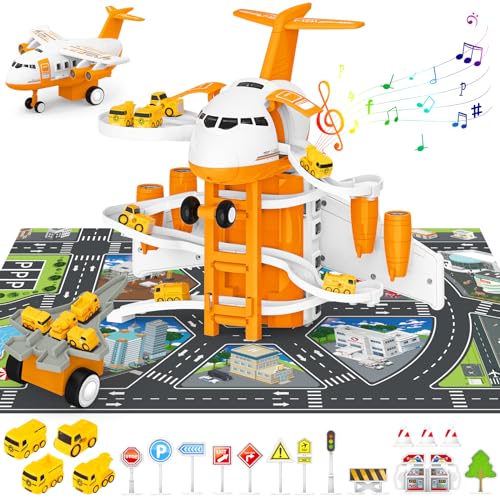 deAO Transport Flugzeug Spielzeug mit Musik und Licht, Transport Cargo Flugzeug mit Auto Spielzeug Spiel Set und Hubschrauber Verkehrszeichen Spielmatte, DIY Flugzeug Spielset mit Spuren für Kinder von deAO