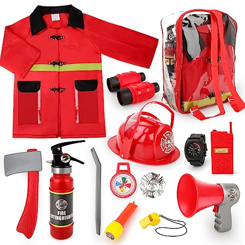 deAO Feuerwehr Kostüm Set für Kinder, Kinder Feuerwehr Rollenspiel Set 14 Teiliges mit Feuerlöscher Jacke Helm Pfeife, Feuerwehrchef Cosplay für Kinder Jungen Mädchen Karneval Halloween Fasching von deAO