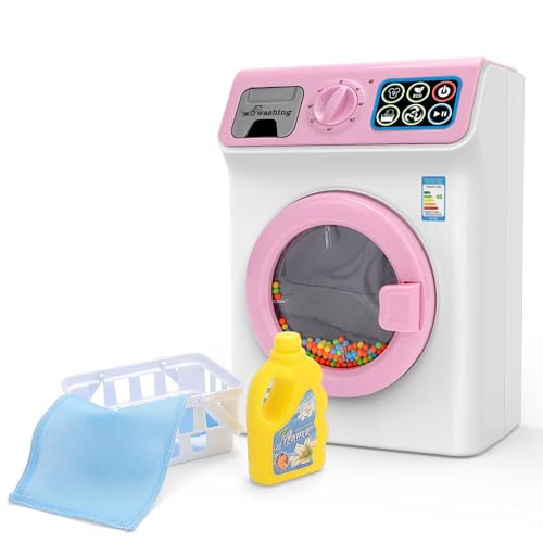 deAO Waschmaschine Kinderspielzeug, Elektronische Spielzeugwaschmaschine Wäschespiel mit Realistischen Geräuschen und Reinigungszubehör für Kinder | Rosa von deAO